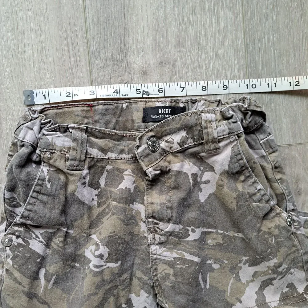 True Religion Boys Camo Cargo Pants in Tan and White with Orange Patch